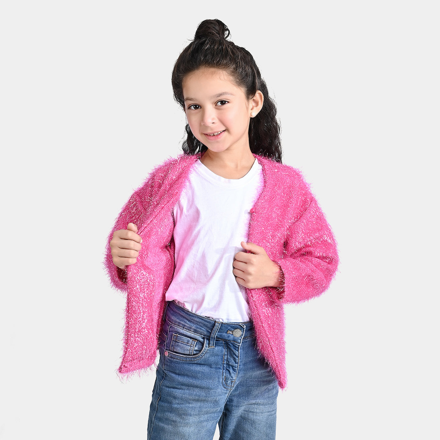 Girls Sherpa Knitted Jacket Party Star-Hot.Pink