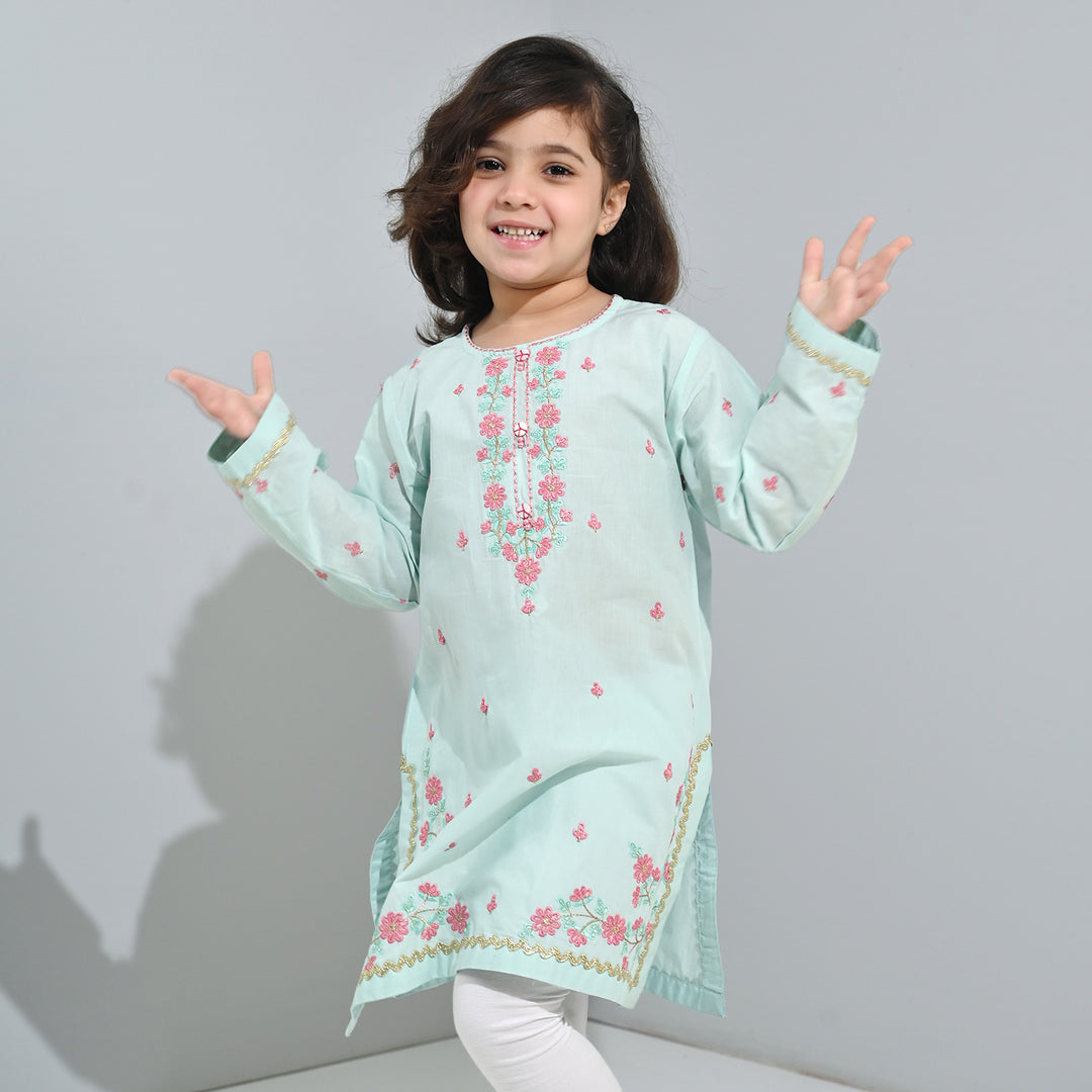 Girls Cotton Poplin Emb Kurti Zohra - Mint Green