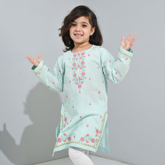 Girls Cotton Poplin Emb Kurti Zohra - Mint Green