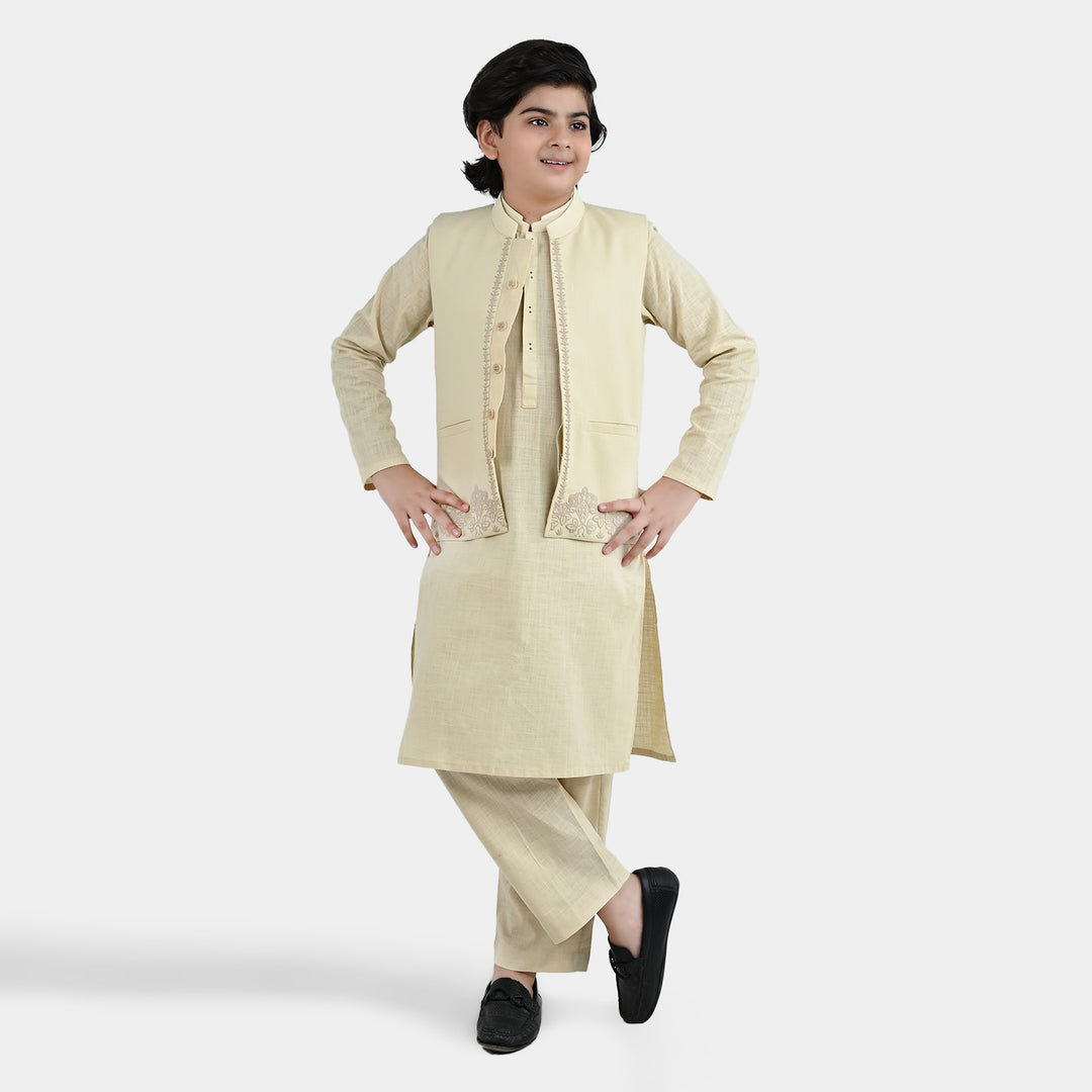 Boys Cotton Slub 3Piece Suit (Puff Print)-Beige
