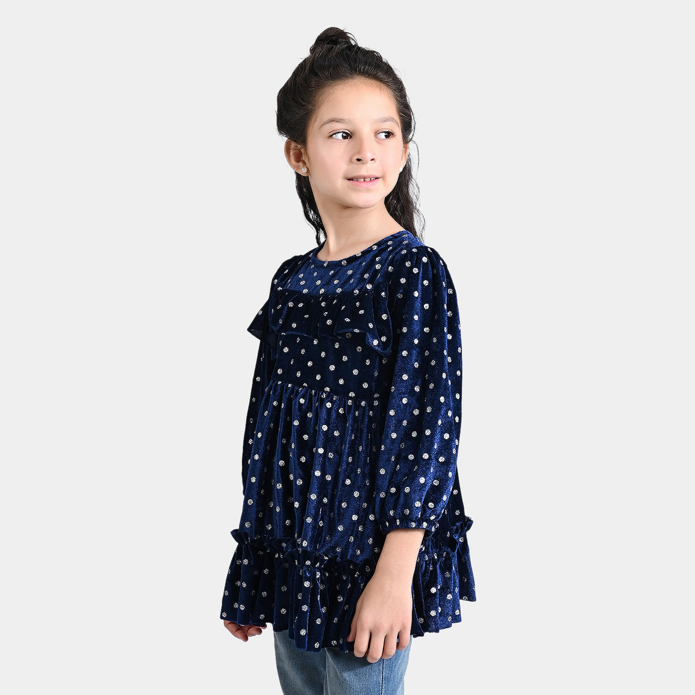 Girls Velvet Dress Polka Dot-Navy Blue