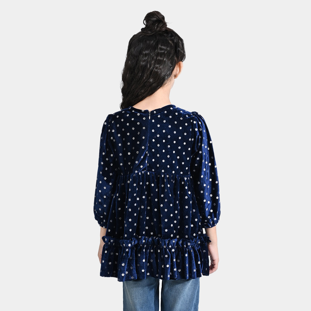 Girls Velvet Dress Polka Dot-Navy Blue