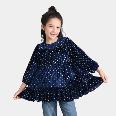 Girls Velvet Dress Polka Dot-Navy Blue