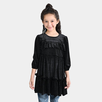 Girls Velvet Dress Frill-BLACK