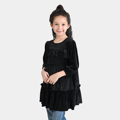 Girls Velvet Dress Frill-BLACK