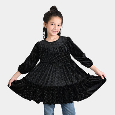 Girls Velvet Dress Frill-BLACK