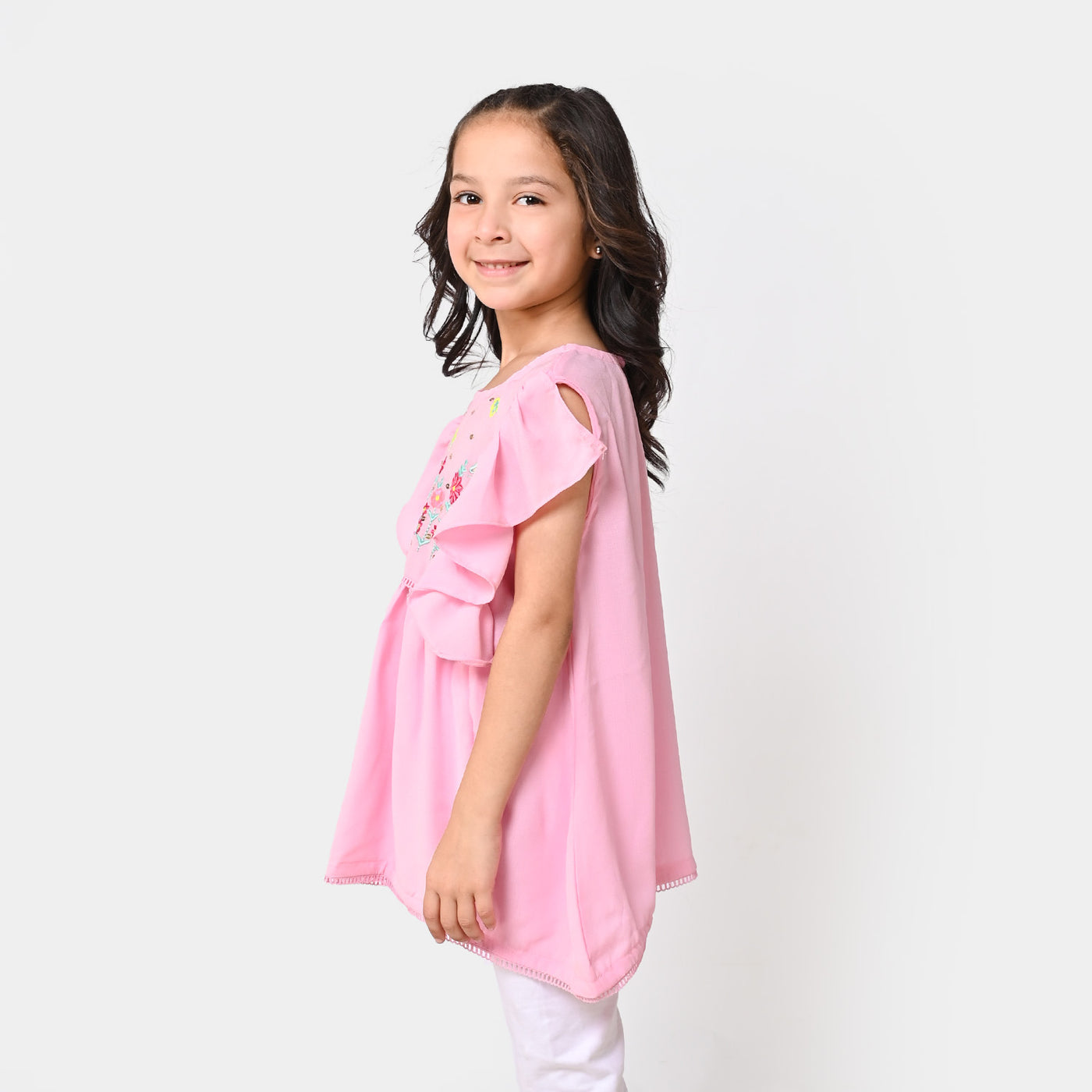 Girls Viscose Embroidered Top Sequence - Pink