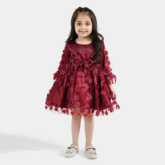 Girls Net Fancy Frock Dancing Flower-MAROON