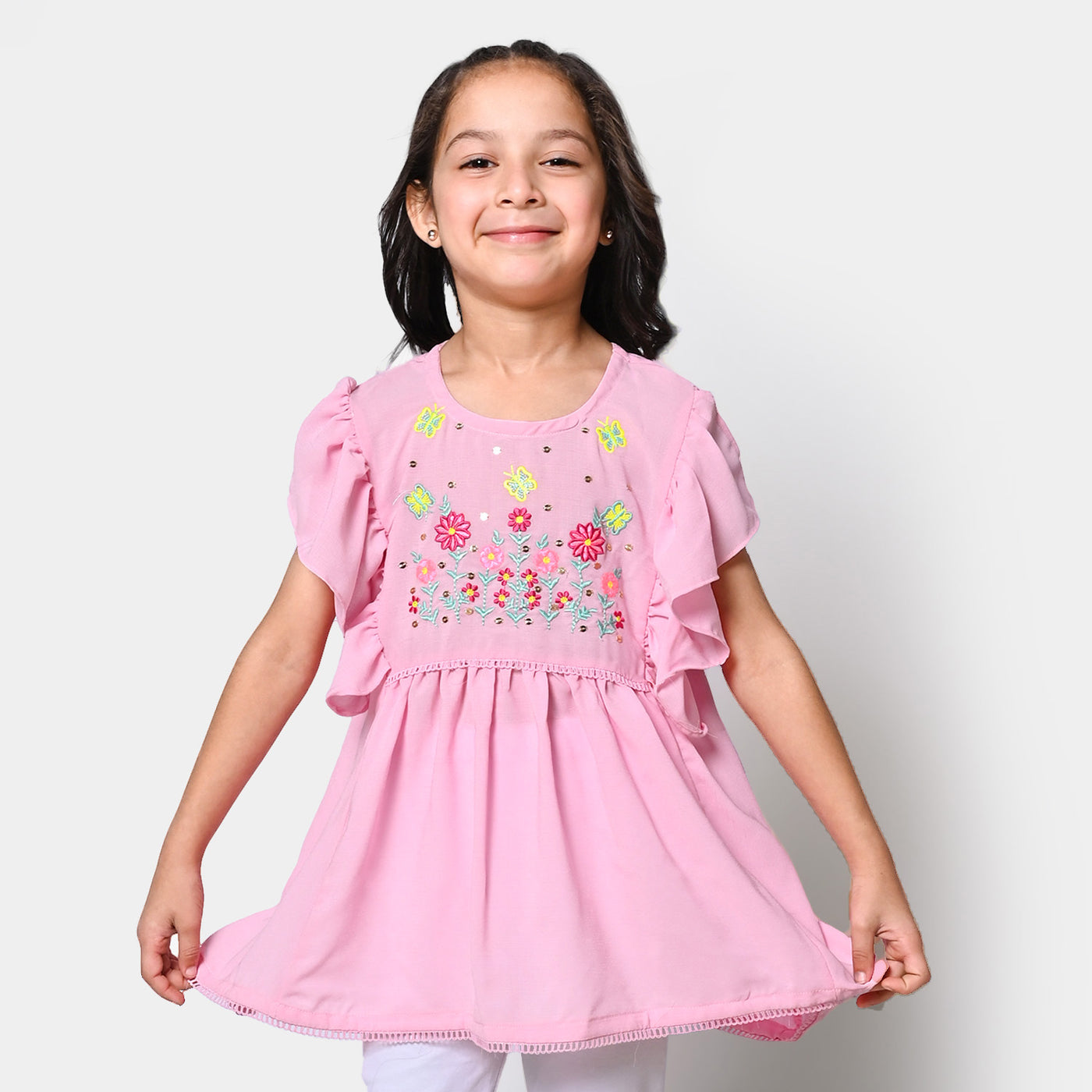 Girls Viscose Embroidered Top Sequence - Pink