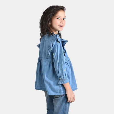 Girls Tensile (Light Denim) Emb Top Daisy Flowers-Blue