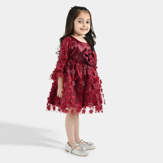 Girls Net Fancy Frock Dancing Flower-MAROON
