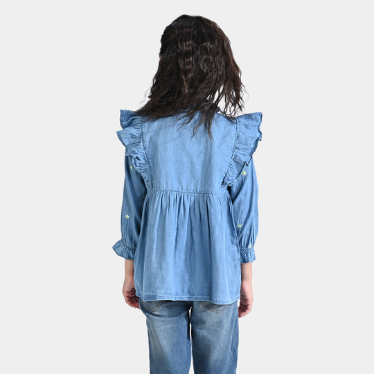 Girls Tensile (Light Denim) Emb Top Daisy Flowers-Blue