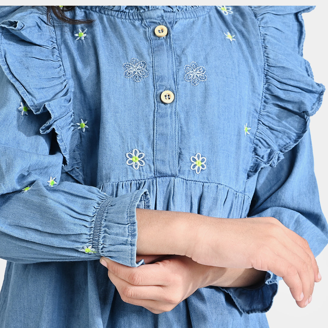 Girls Tensile (Light Denim) Emb Top Daisy Flowers-Blue