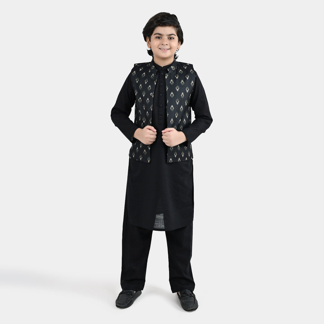 Boys Cotton Slub 3Piece Suit (Gul-E-Rang)-BLACK