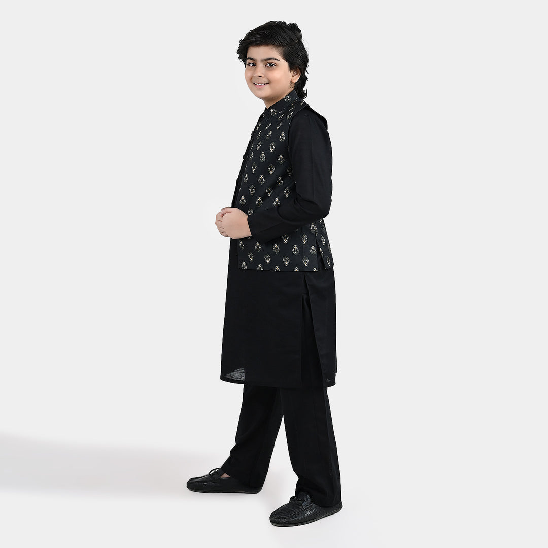 Boys Cotton Slub 3Piece Suit (Gul-E-Rang)-BLACK