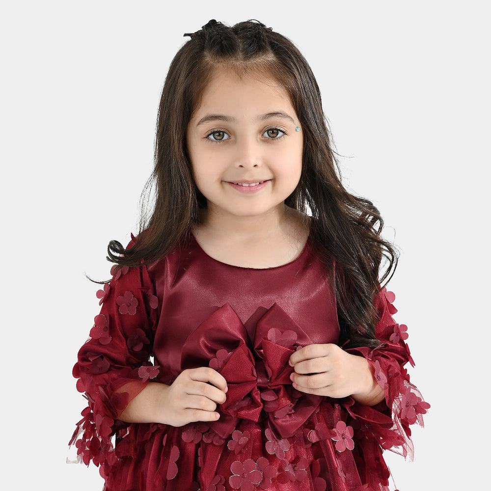 Girls Net Fancy Frock Dancing Flower-MAROON