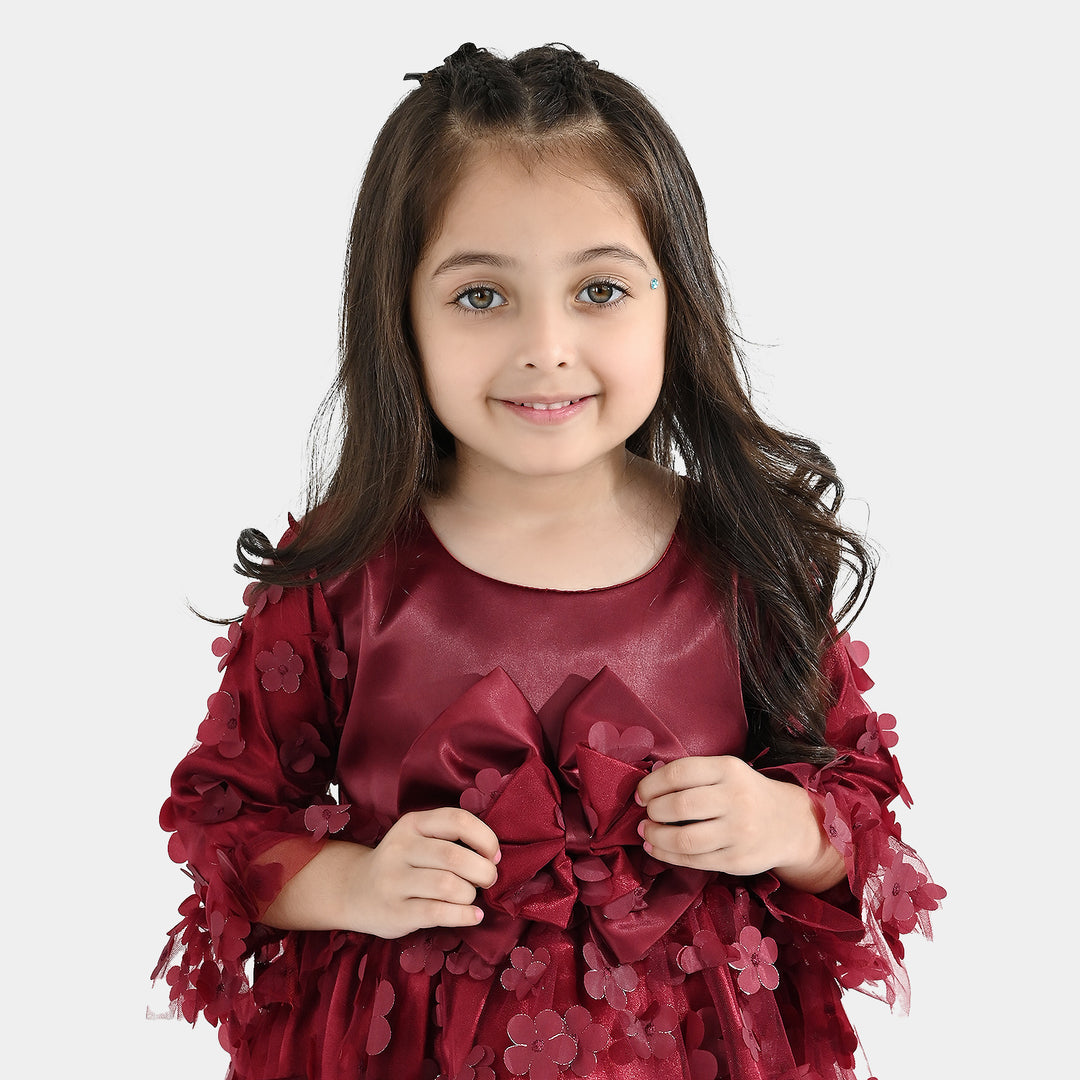 Girls Net Fancy Frock Dancing Flower-MAROON
