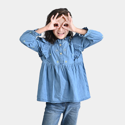 Girls Tensile (Light Denim) Emb Top Daisy Flowers-Blue