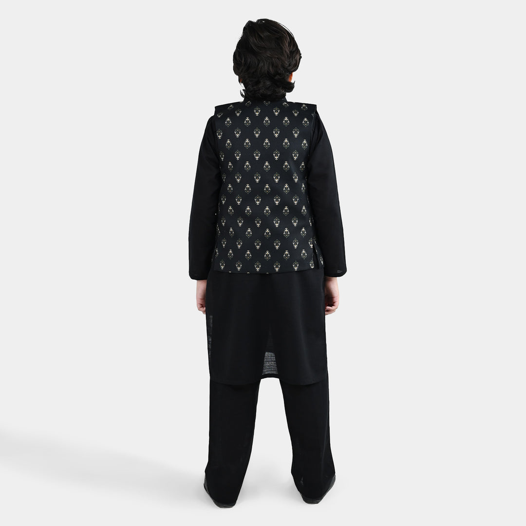 Boys Cotton Slub 3Piece Suit (Gul-E-Rang)-BLACK