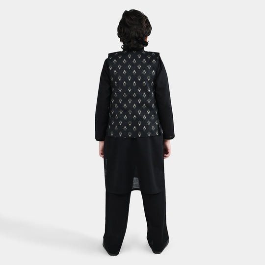 Boys Cotton Slub 3Piece Suit (Gul-E-Rang)-BLACK