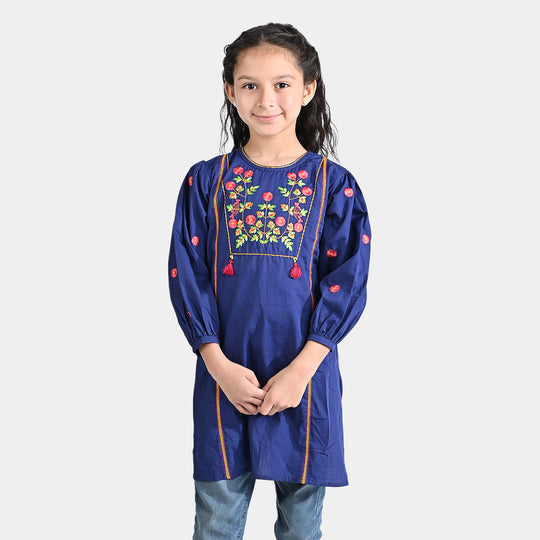 Girls Cotton Poplin EMB Long Kurti Bhaagh-Navy Blue