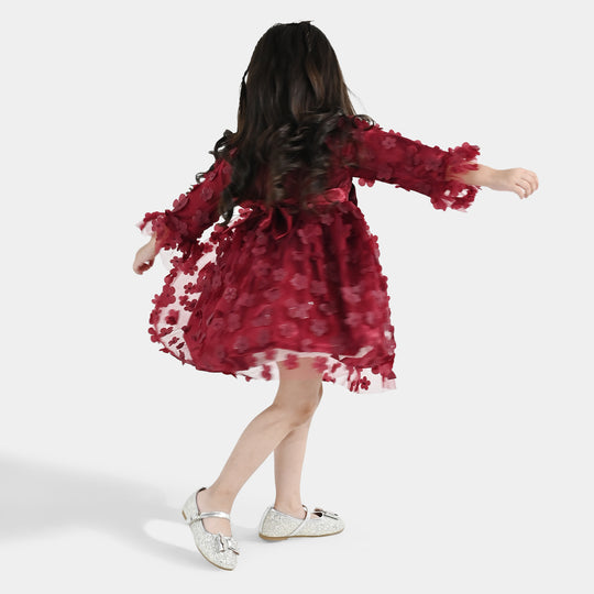 Girls Net Fancy Frock Dancing Flower-MAROON