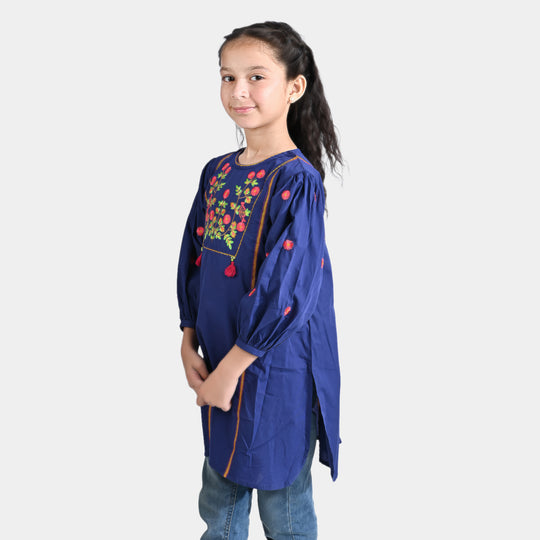 Girls Cotton Poplin EMB Long Kurti Bhaagh-Navy Blue