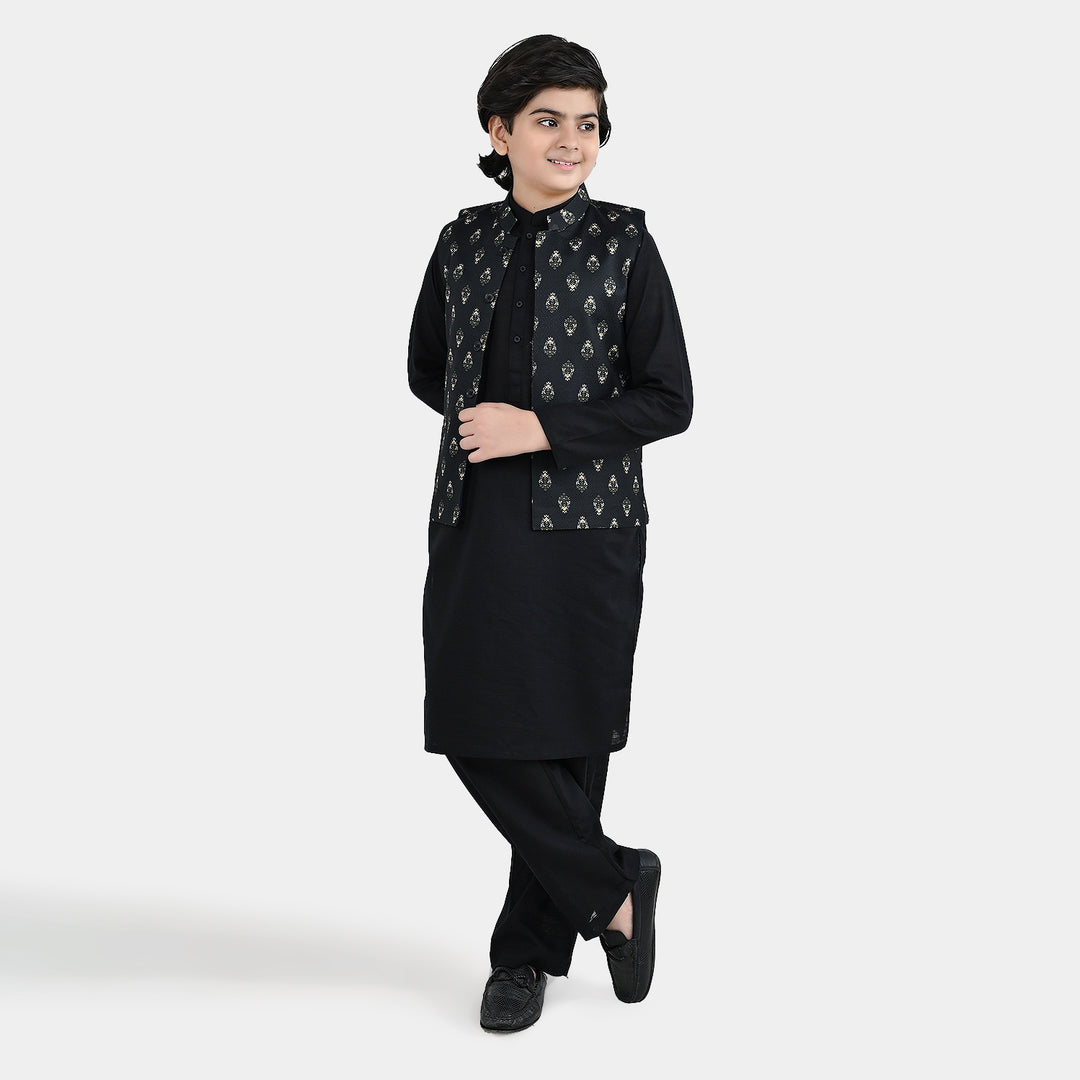 Boys Cotton Slub 3Piece Suit (Gul-E-Rang)-BLACK