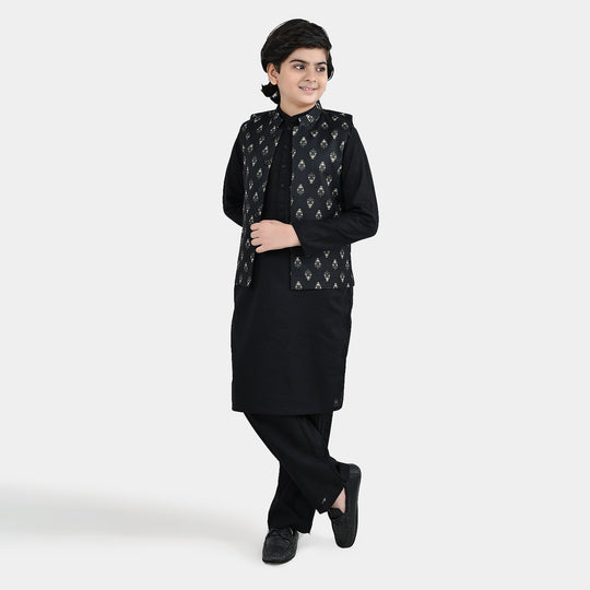 Boys Cotton Slub 3Piece Suit (Gul-E-Rang)-BLACK