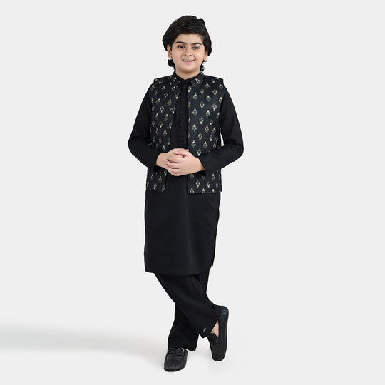 Boys Cotton Slub 3Piece Suit (Gul-E-Rang)-BLACK
