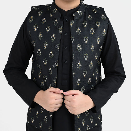 Boys Cotton Slub 3Piece Suit (Gul-E-Rang)-BLACK