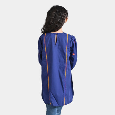 Girls Cotton Poplin EMB Long Kurti Bhaagh-Navy Blue