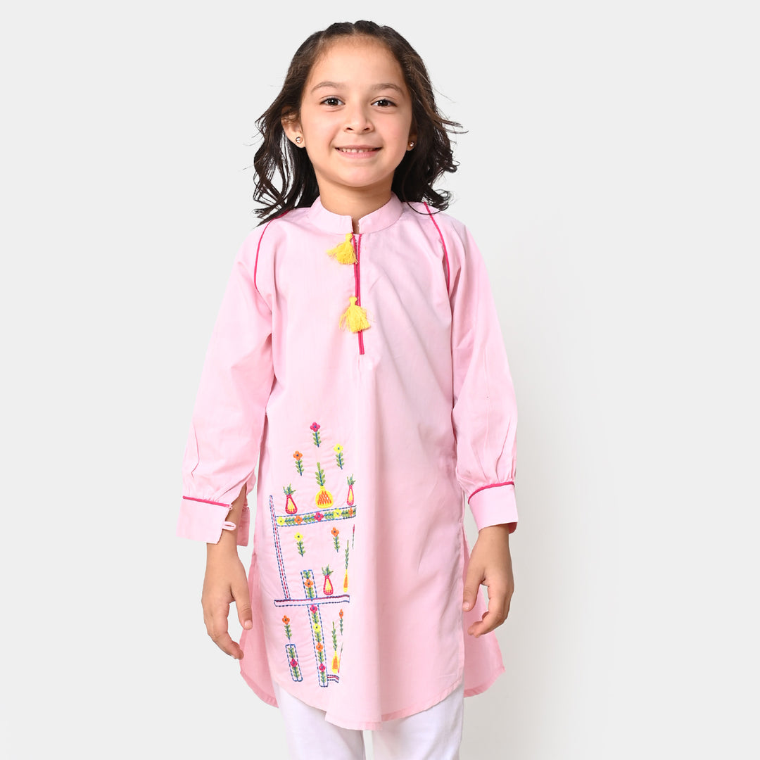 Girls Embroidered Kurti Pots Girl-Pink