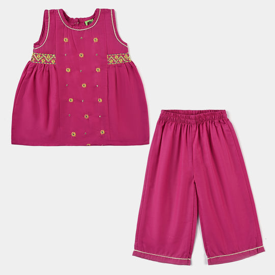 Infant Girls poly cambric Emb 2 Pcs Little Flowers-Hot.Pink