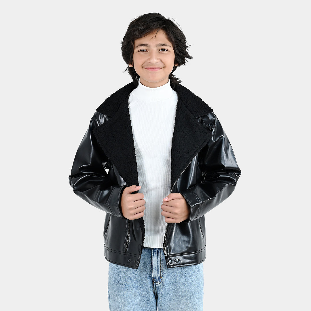 Boys PU Jacket Sherpa Collar - BLACK