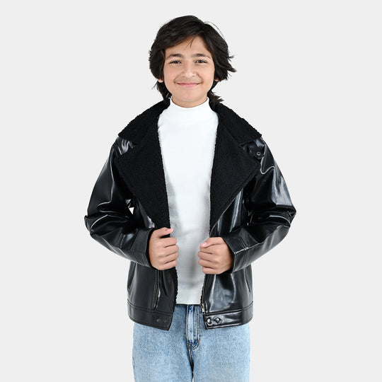 Boys PU Jacket Sherpa Collar - BLACK