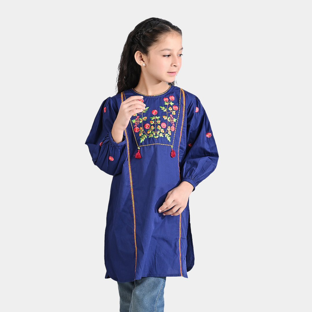 Girls Cotton Poplin EMB Long Kurti Bhaagh-Navy Blue