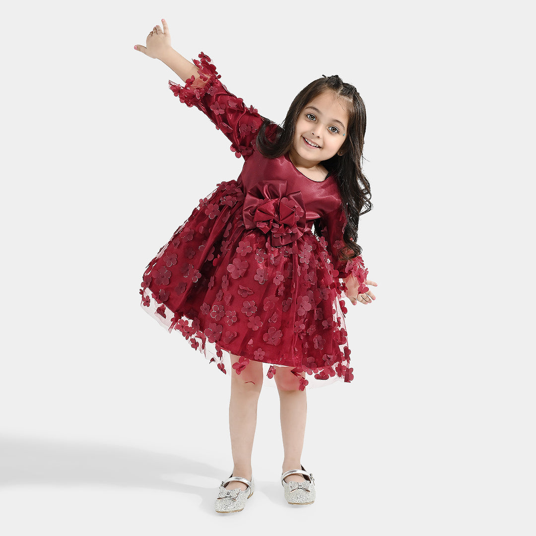 Girls Net Fancy Frock Dancing Flower-MAROON