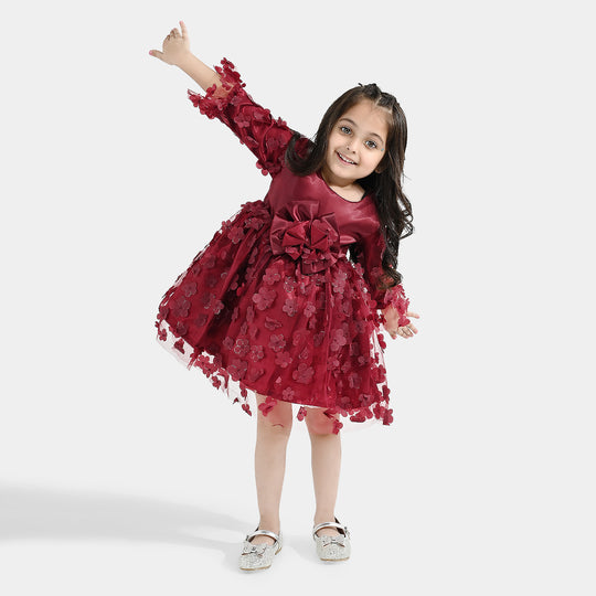 Girls Net Fancy Frock Dancing Flower-MAROON