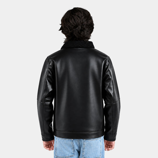 Boys PU Jacket Sherpa Collar - BLACK