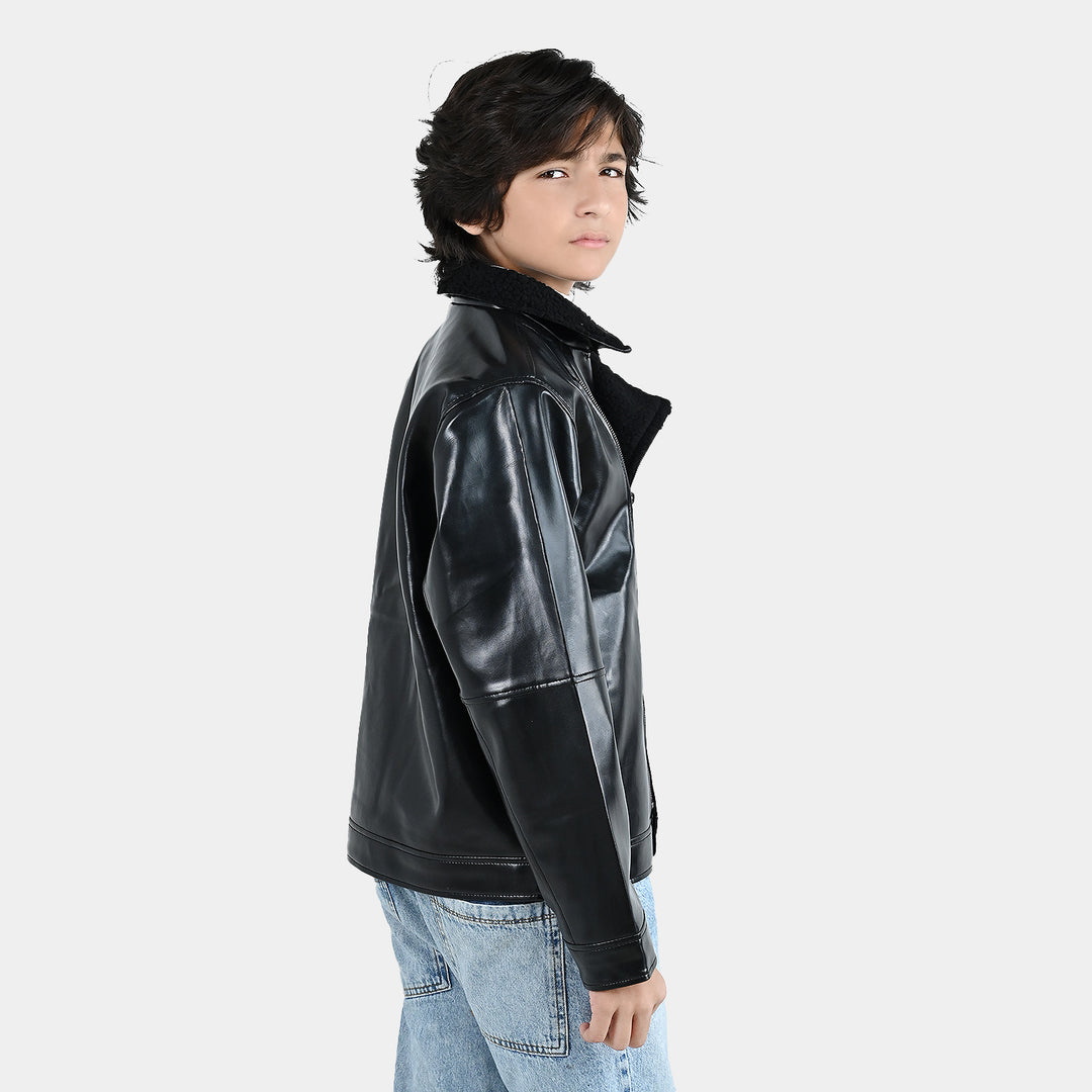 Boys PU Jacket Sherpa Collar - BLACK