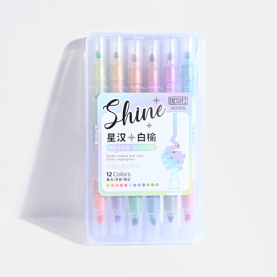 Dual Tip Glitter Highlighter Marker Set | 12Colors