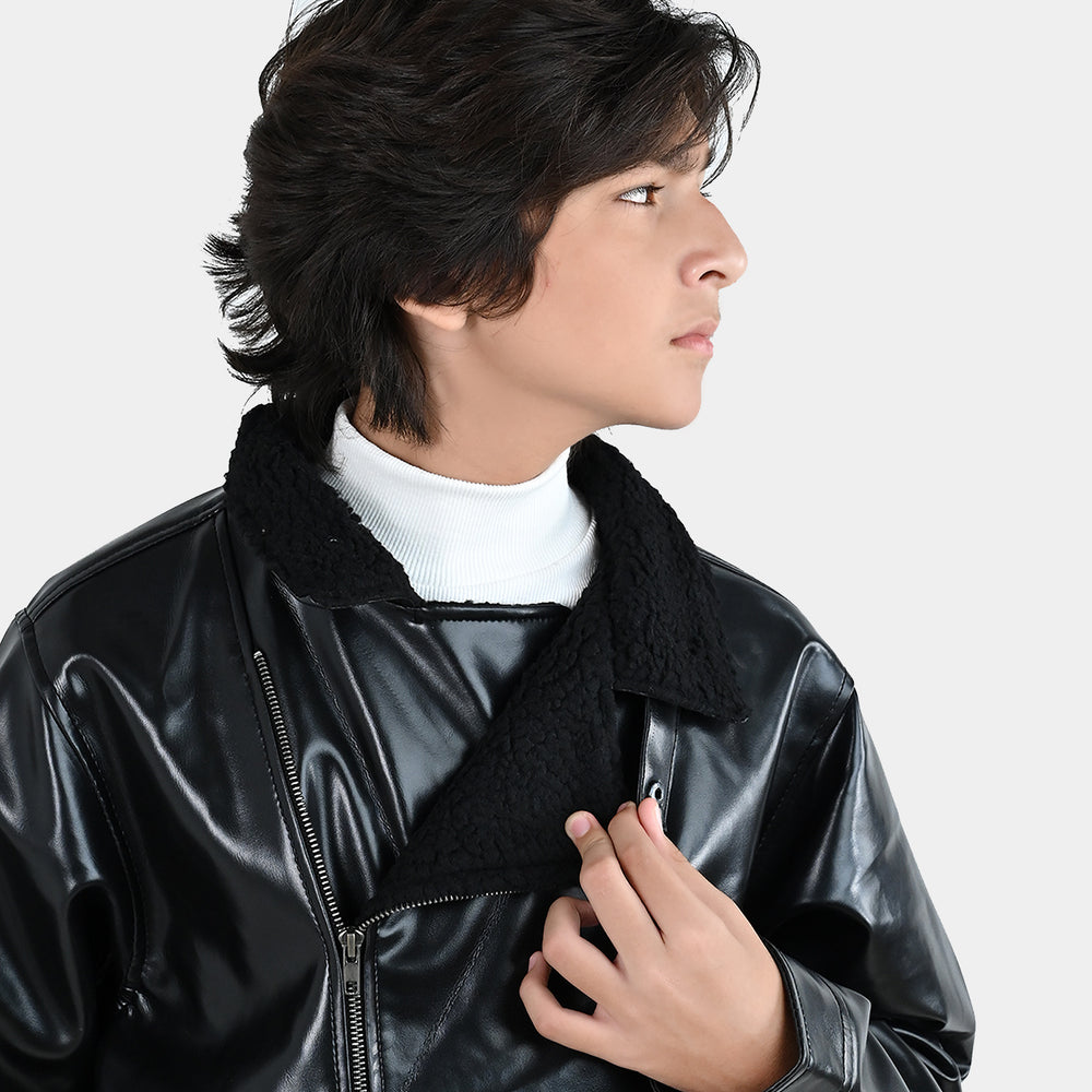 Boys PU Jacket Sherpa Collar - BLACK