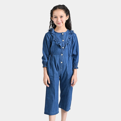 Girls Tensile Denim (Light Denim) Jumpsuit Frill Style-Blue