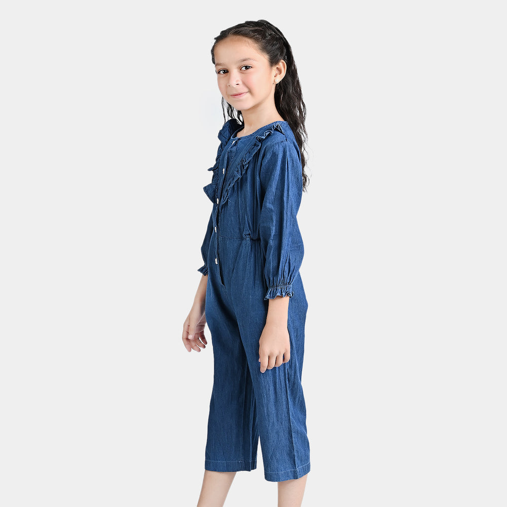 Girls Tensile Denim (Light Denim) Jumpsuit Frill Style-Blue