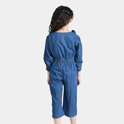 Girls Tensile Denim (Light Denim) Jumpsuit Frill Style-Blue