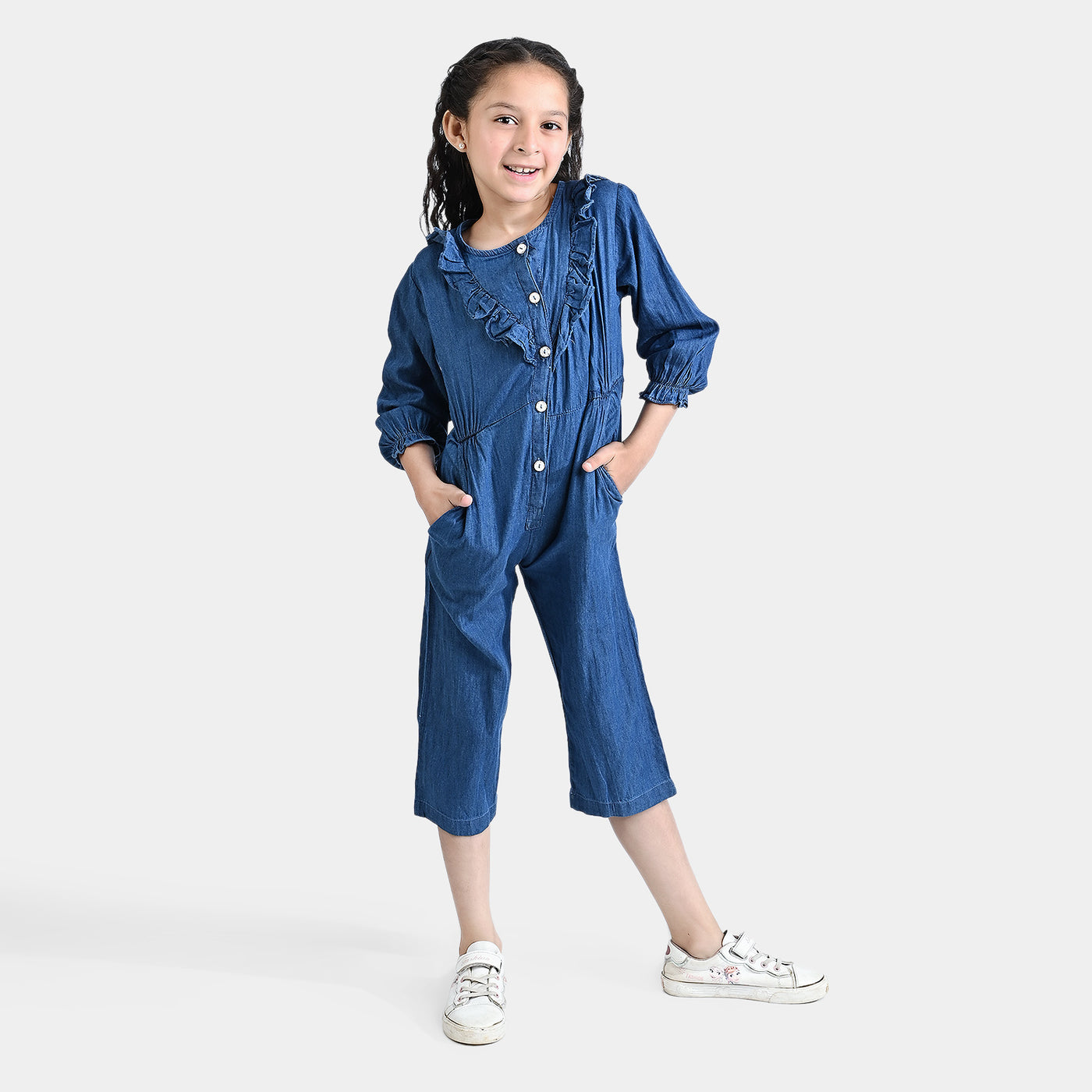 Girls Tensile Denim (Light Denim) Jumpsuit Frill Style-Blue