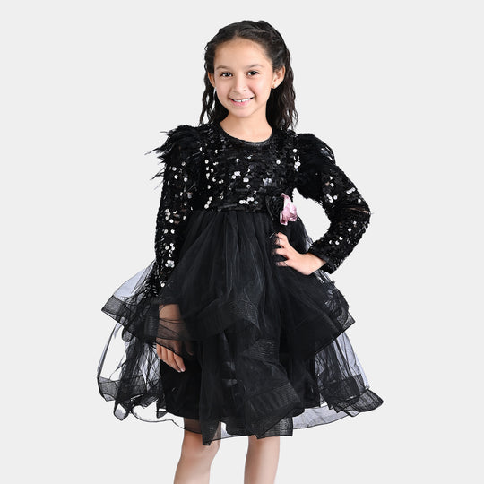 Girls Sequence Fancy Frock Feather-BLACK