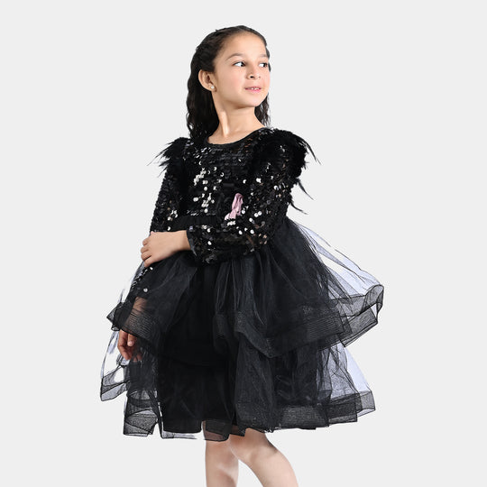 Girls Sequence Fancy Frock Feather-BLACK