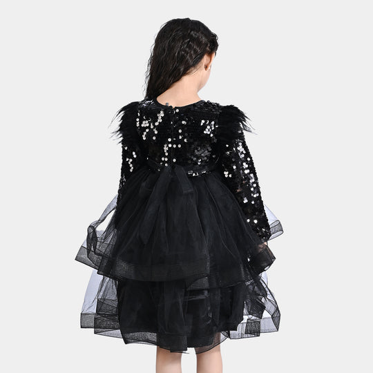 Girls Sequence Fancy Frock Feather-BLACK